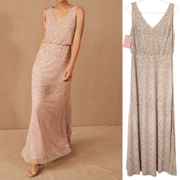 NWT BHLDN DRESS 10 BLAISE SEQUIN BEADED ART DECO BLOUSON SANDSTONE BLUSH GOWN - Picture 1 of 15
